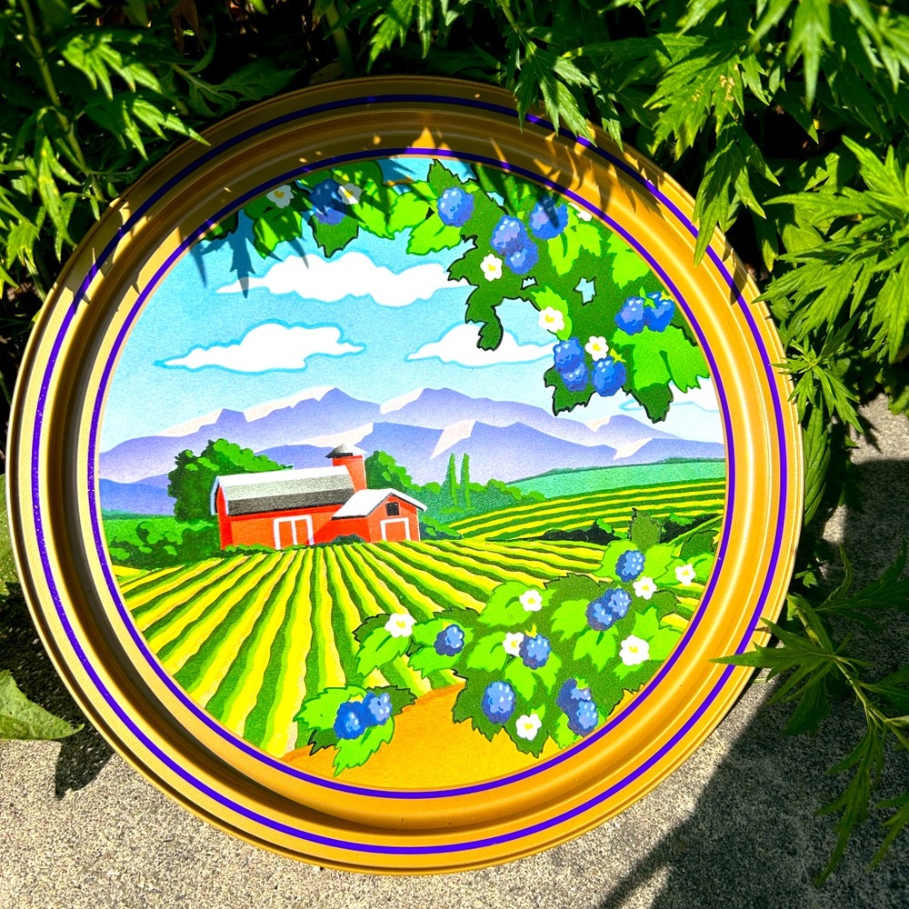vintage style purple blue metal farm tray colorful nature scene